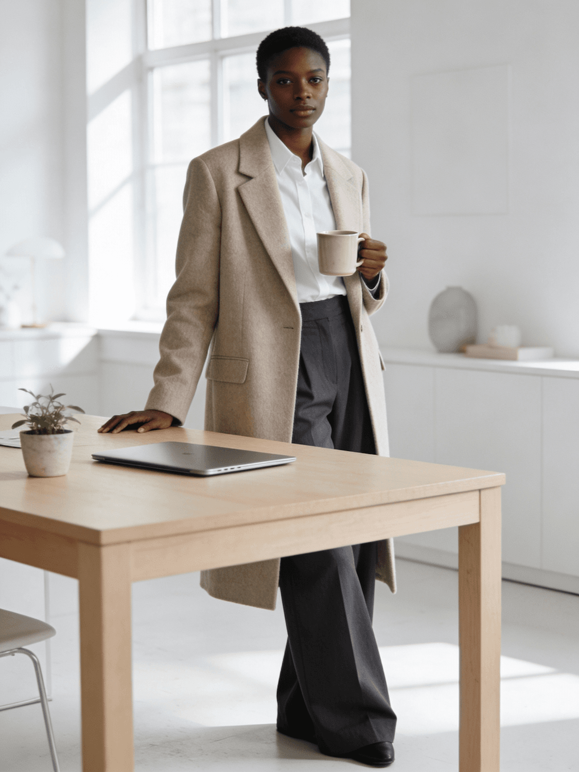 Portrait of a founder in a beige coat holding a mug in a bright, quiet office